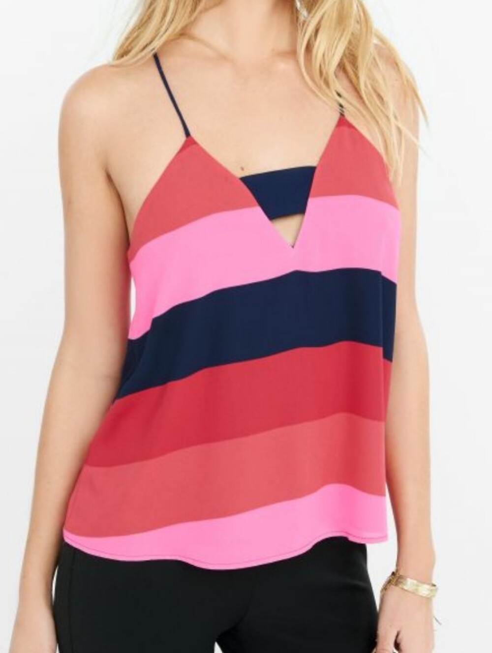 Express Striped V-Neck Spaghetti Strap Tank Pink/Navy/Red Retro Indie Sleaze